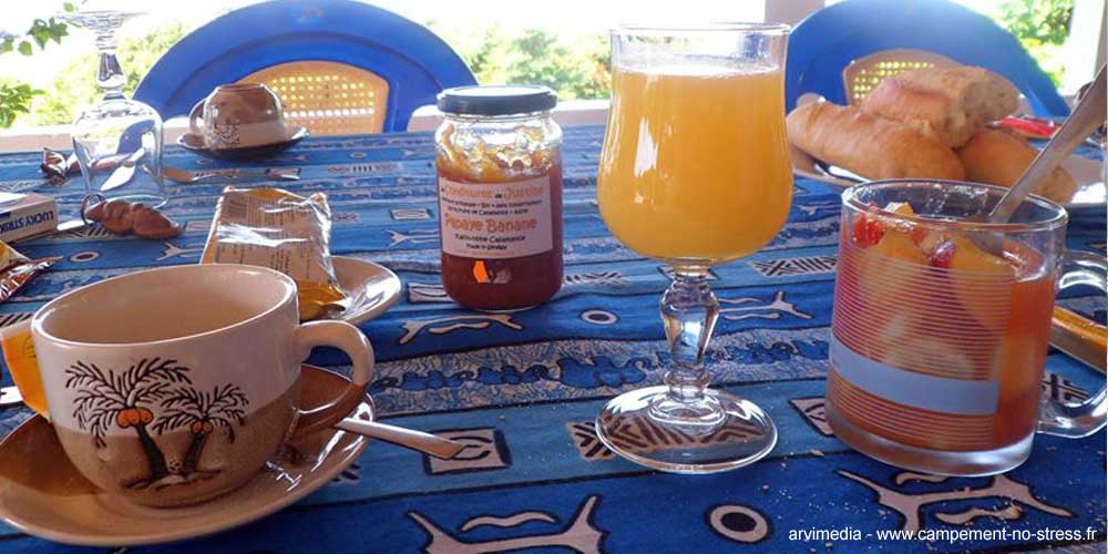 Petit déjeuner sur la terrasse face à la mer Petit déjeuner No Stress, jus de fruits frais, confitures locales, pain, beurre, café ou thé... un régal.